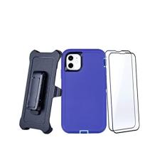 Imagem de WallSkiN Capa para iPhone 11 (6,1 polegadas) com 2 protetores de tela | Suporte de proteção contra quedas de corpo inteiro resistente de grau militar | Coldre para cinto masculino com suporte de clipe