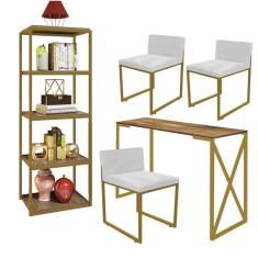 Imagem de Kit Escritório Bex 3 Cadeiras Sintético Branco com 1 Mesa e 1 Livreiro Ferro Dourado MDF Carvalho - Ahazzo Móveis