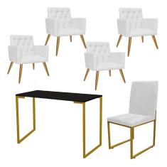 Imagem de Kit Escritório Stan 4 Poltronas Capitonê com Cadeira e Mesa Industrial Preto Dourado Tecido Sintético Branco - Ahz Móveis