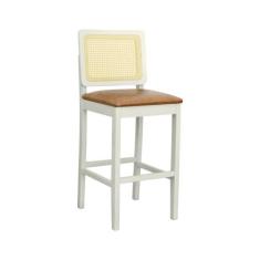 Imagem de Banqueta Alta Bistrô Lyon Madeira Maciça Encosto Telinha Assento Estofado Corano Off-White/Marrom