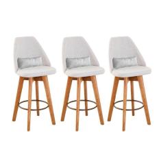 Imagem de Kit 03 Banquetas Alta Maya Giratória Com Encosto Linho Bege Claro e Almofada Suede Branco - Aurora Line