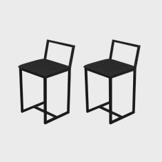 Imagem de Kit 2 Banqueta Baixa Para Cozinha Preta Industrial Assento Estofado