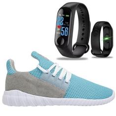 Imagem de Tênis Caminhada Corrida Leve Macio Confortável Fitness Academia + Pulseira Inteligente M3 - Azul - 36