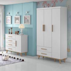 Imagem de Quarto de Bebê Ludmila Retrô Guarda Roupa 3 Portas com Gavetas Cômoda Infantil 4 Gavetas com Porta Branco Fosco com Bétula Carolina Baby