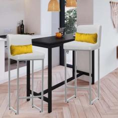 Imagem de Kit 02 Banqueta Alta com Encosto Lucca Industrial Cozinha Balcão Ferro Prata Corino Branco e Almofada Amarelo - Ahazzo Móveis
