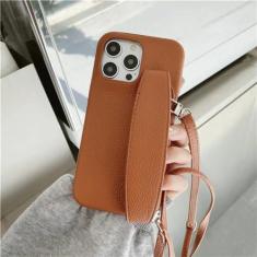 Imagem de Capa de telefone com alça de pulso crossbody para iphone 13 12 15 14 11 pro max xs xr 8 7 plus couro do plutônio capa à prova de choque, marrom, para iphone 14 plus