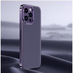 Imagem de Capa de telefone de couro genuíno de luxo para iPhone 14 13 12 Pro Max Estrutura de revestimento de metal Proteção de lente Capa macia de couro real, roxa, para iPhone 12 Pro