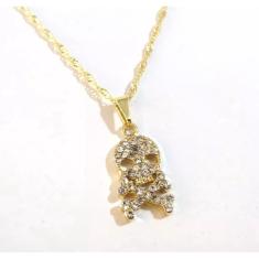 Imagem de Cordão Colar Caveira Com Strass Folheado A Ouro 18k