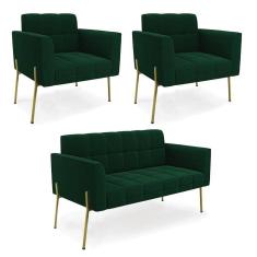 Imagem de Namoradeira E 2 Poltronas Pé De Ferro Dourado Elisa Bouclê Verde D03 - D`rossi