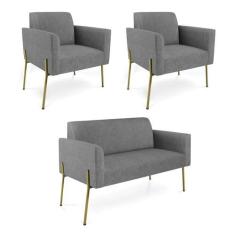 Imagem de Sofá Namoradeira e 2 Poltronas Pé de Ferro Dourado Marisa Linho D03 - D'Rossi