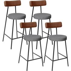 Imagem de Kit 04 Banquetas Baixa Cozinha Jantar Milão L02 Couríssimo Marrom Linho Cinza Escuro - Lyam Decor