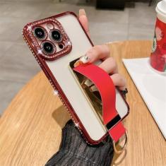 Imagem de Alça de pulso anel de dedo suporte invisível capa de telefone para iPhone 14 15 ProMax 12 13 Pro Max 11 Plus capa luxuosa revestida de diamante, vermelha, para iphone 12