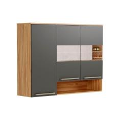 Imagem de Armário De Cozinha Modulado Nápoli 3 Portas ( 2 c/ Vidros Reflecta) 120cm Amendoa/chumbo - Ronipa