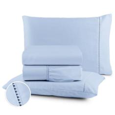 Imagem de Jogo de Cama Casal Padrão Percal 400 Fios Ponto Palito 04 Peças, Antiácaro, Não faz bolinha Toque Extra Macio – Azul