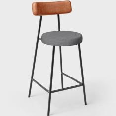 Imagem de Banqueta Baixa Cozinha Sala Jantar Milão L02 Couríssimo Camel Linho Cinza Escuro - Lyam Decor