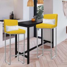Imagem de Kit 02 Banqueta Alta com Encosto Lucca Industrial Cozinha Balcão Ferro Prata Sintético Amarelo e Almofada Branco - Ahazzo Móveis
