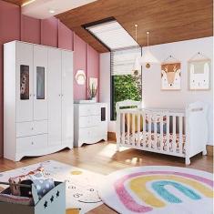 Imagem de Quarto de Bebê Cômoda Guarda Roupa com Janelas Retângulo e Berço Americano Cocada Branco Brilho