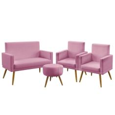 Imagem de Kit Poltrona Namoradeira e 2 Poltronas Decorativas Estofada Nina Com Rodapé Puff Solar Sued Rosê Aradecor