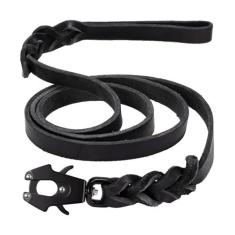 Imagem de GEIT Coleira de couro para cães de 1,2 m e 1,5 m, coleira de treinamento de cães resistente, correia trançada de couro genuíno com clipe tático de sapo de liberação rápida/trava para cães médios e