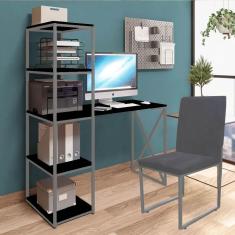 Imagem de Kit Escritório Mesa Max BeX 5 Prateleiras e Cadeira Stan Prata Tampo Preto Suede Cinza - Ahz Móveis
