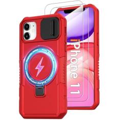 Imagem de KTUOHU Capa de celular para iPhone 11, com suporte de anel magnético [2 protetores de tela de vidro] [compatível com MagSafe] Capa de grau militar com capa para câmera, capa à prova de choque para