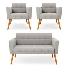 Imagem de Kit 1 Sofá Namoradeira E 2 Poltronas Elisa Veludo Cinza Pés Palito Castanho