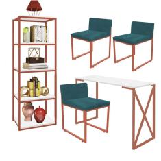 Imagem de Kit Escritório Bex 3 Cadeiras Suede Azul Turquesa com 1 Mesa e 1 Livreiro Ferro Bronze MDF Branco - Ahazzo Móveis