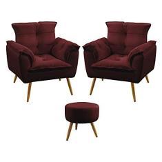 Imagem de Kit 2 Poltronas Decorativas Estofada Para Sala De Estar Beta e Puff Solar Sued Bordô Aradecor