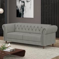 Imagem de Sofá Living Sala de Estar Stanford Chesterfield 2 Lugares 220cm Pés de Madeira Couro Cinza G58 - Gran Belo
