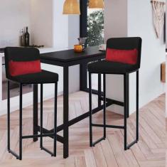 Imagem de Kit 02 Banqueta Alta com Encosto Lucca Industrial Cozinha Balcão Ferro Preto Sintético Preto e Almofada Vermelho - Ahazzo Móveis