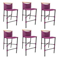 Imagem de Kit 6 Banquetas Anne Em Corda Náutica Base Em Alumínio Preta Com Detalhe Em Madeira Rosa - Cor: Rosa