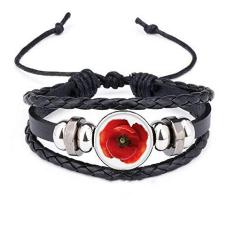 Imagem de DIYthinker Pulseira de corda, de couro trançado, com pintura de flor vermelha