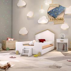 Imagem de Cama De Criança Infantil Com Colchão E Escadinha Solteiro Ayla - Branca E Natural Branco