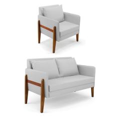 Imagem de Kit 1 Sofá Namoradeira E 1 Poltrona Lana Linho Cinza A05 Base De Madeira - D`rossi