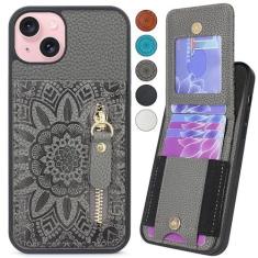 Imagem de CMIDUS Capa carteira compatível com iPhone 15 / iPhone 14 / iPhone 13 de 6,1 polegadas com compartimentos elásticos para cartões, dinheiro, moeda, bolso com zíper, fecho magnético, capa flip para