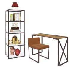 Imagem de Kit Escritório Bex 1 Cadeira Suede Terracota com 1 Mesa e 1 Livreiro Ferro Marrom MDF Caramelo - Ahazzo Móveis