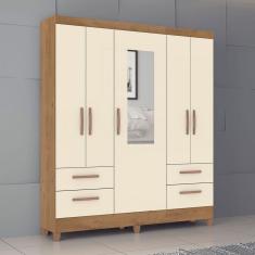 Imagem de Guarda-Roupa Solteiro Vitoria 5 Portas 4 Gavetas com Espelho Canelato Rústico/Natural Off White - Atualle Móveis
