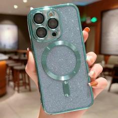 Imagem de Com protetor de lente galvaniza caso de telefone para iphone 15 14 13 12 11 pro max carga sem fio pára-choques glitter capa, verde, para iphone 15