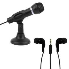 Imagem de Kit Fone Slim Preto Fo-11 + Microfone Com Suporte Multimídia Studio Ma