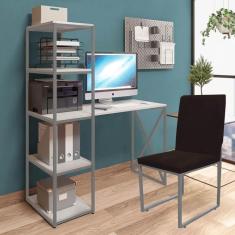 Imagem de Kit Escritório Mesa Max BeX 5 Prateleiras e Cadeira Stan Cinza Tampo Branco Sintético Marrom - Ahz Móveis