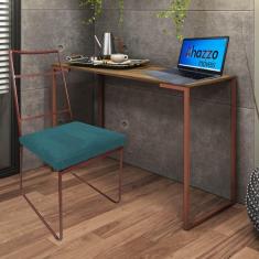 Imagem de Kit Escritório Stark Cadeira e Mesa Industrial Ferro Bronze Tampo MDF Ambar Suede Azul Turquesa - Ahz Móveis