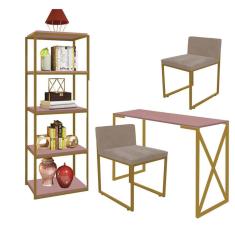 Imagem de Kit Escritório Bex 2 Cadeiras Suede Bege com 1 Mesa e 1 Livreiro Ferro Dourado MDF Rose Rosa - Ahazzo Móveis