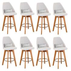 Imagem de Kit 08 Banquetas Alta Maya Giratória Com Encosto Gourmet Linho Bege e Almofada Corino Branco - Aurora Line