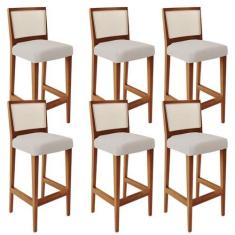 Imagem de Kit 06 Banquetas Alta Para Cozinha Encosto em Tela Branco Zion L02 Linho Cru - Lyam Decor