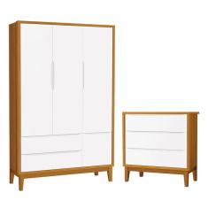 Imagem de Jogo de Quarto Infantil Guarda Roupa 3 Portas e Cômoda 3 Gavetas Classic com Pés Amadeirado - Reller Móveis Branco/Savana