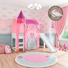 Imagem de Cama Infantil Joy com Escorregador Dossel Barraca Castelo e 01 Torre Branco Rosa Pura Magia + Colchão Ortobom