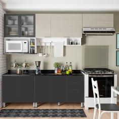 Imagem de Cozinha Completa Bartira Rubi com 9 Portas, 3 Gavetas e 6 Prateleiras - 280cm de largura - Branco/Freixo/Preto