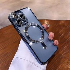 Imagem de Capa protetora de lente completa de TPU macio chapeada para iPhone 15 14 13 12 11 Pro Max Plus Capa transparente de carregamento magnético sem fio, azul, para iPhone 13 Pro