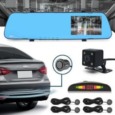 Imagem de Kit Retrovisor C/ Tela + Câmera Ré E Frontal + Sensor Ré Cinza Grafite