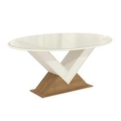 Imagem de Mesa p/ Cozinha Amora c/ Tampo Madeirado c/ Vidro 180x105cm Freijó/Off White - Kappesberg